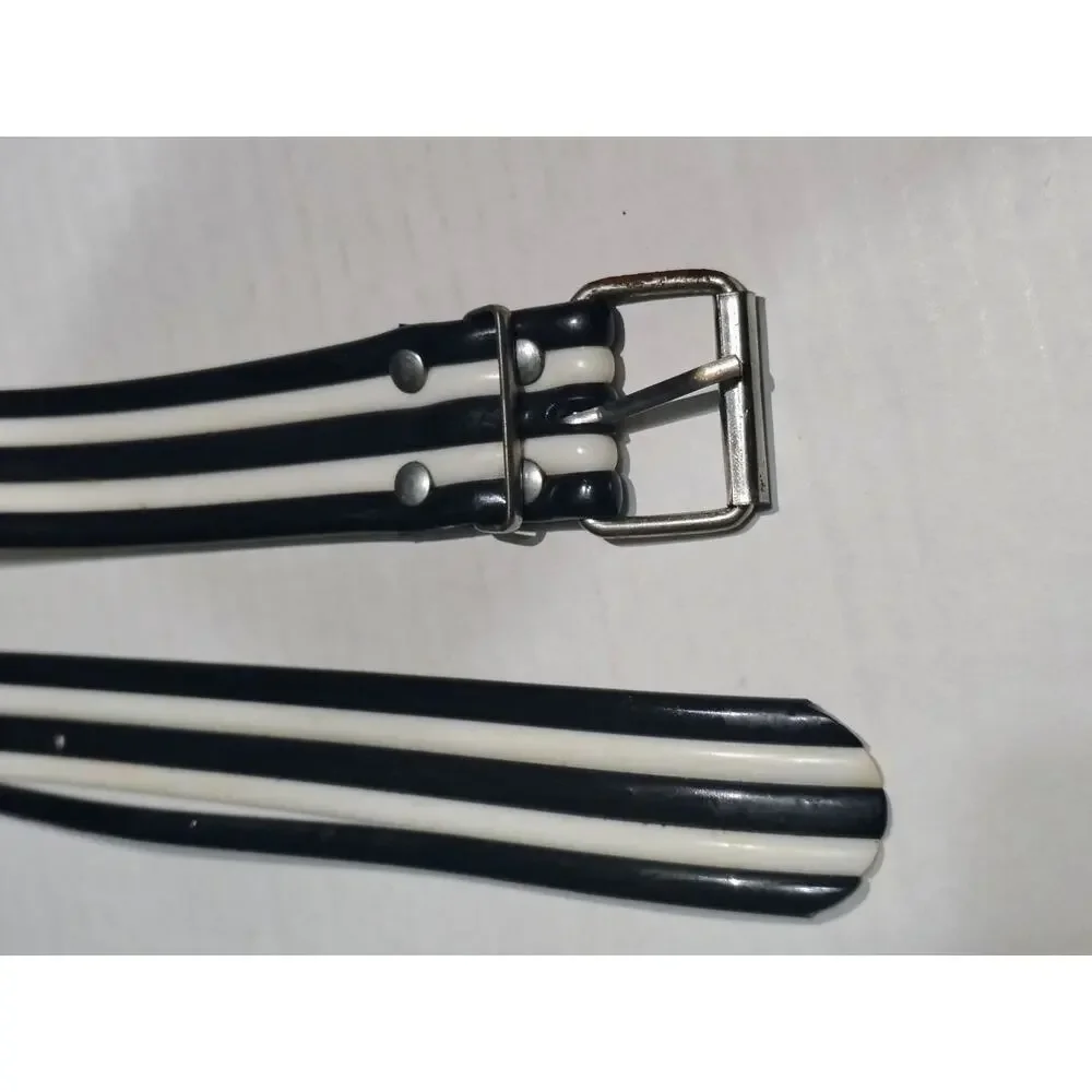 80s Mod Molded PVC Belt Black White Stripes Pull Through Buckle 38 - 40 Inches